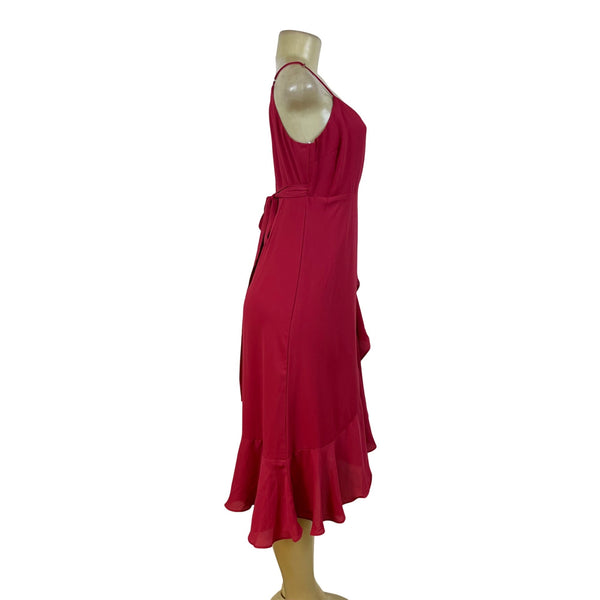 Lulus Womens Red Polyester Wrap Ruffle Midi Dress Spaghetti Straps Size S