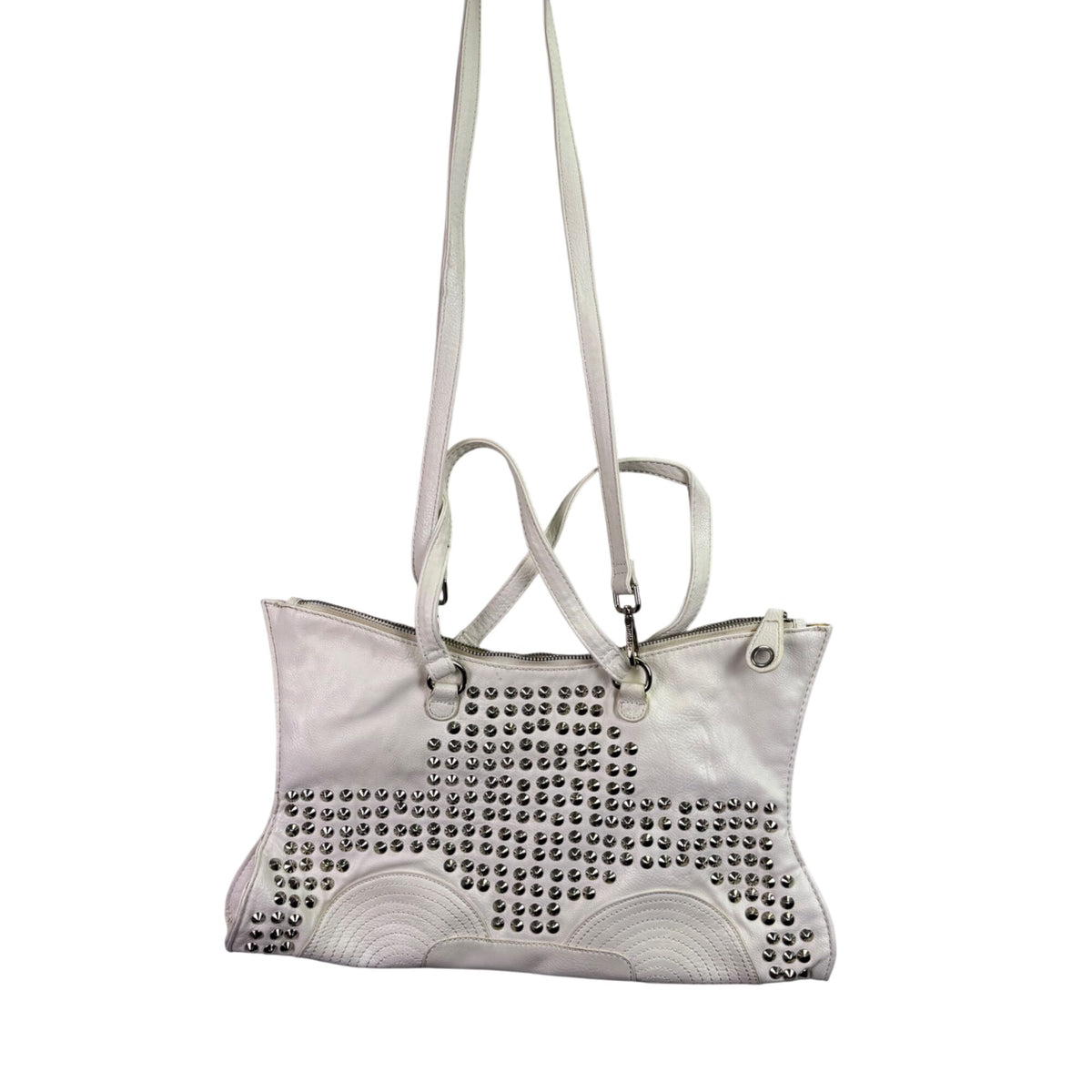 Nicole Lee Womens White Studded Faux Leather Tote & Crossbody Bag Large Dual Straps