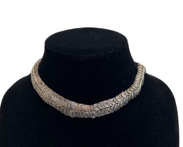 Vintage Silver Tone Choker Necklace 15in Intricate Chain Design Womens Jewelry