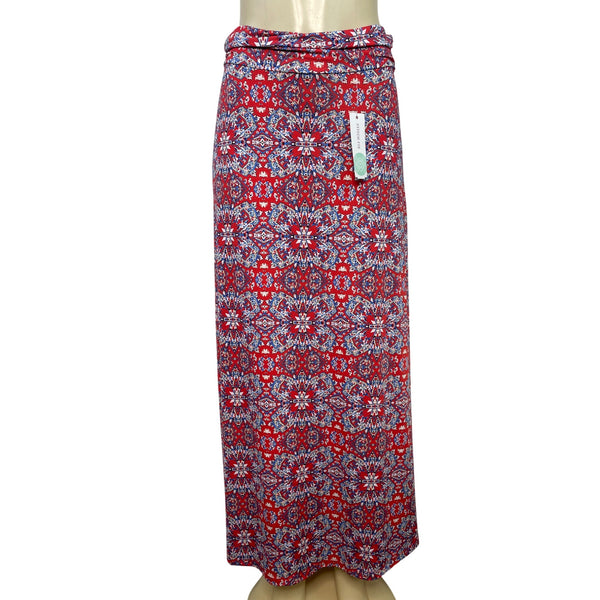 Gilli Red Floral Geometric Maxi Skirt Stretchy Waistband Size MP- New