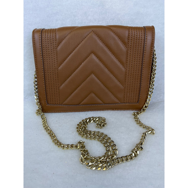 Express Womens Tan Faux Leather Quilted Crossbody Chain Strap Bag