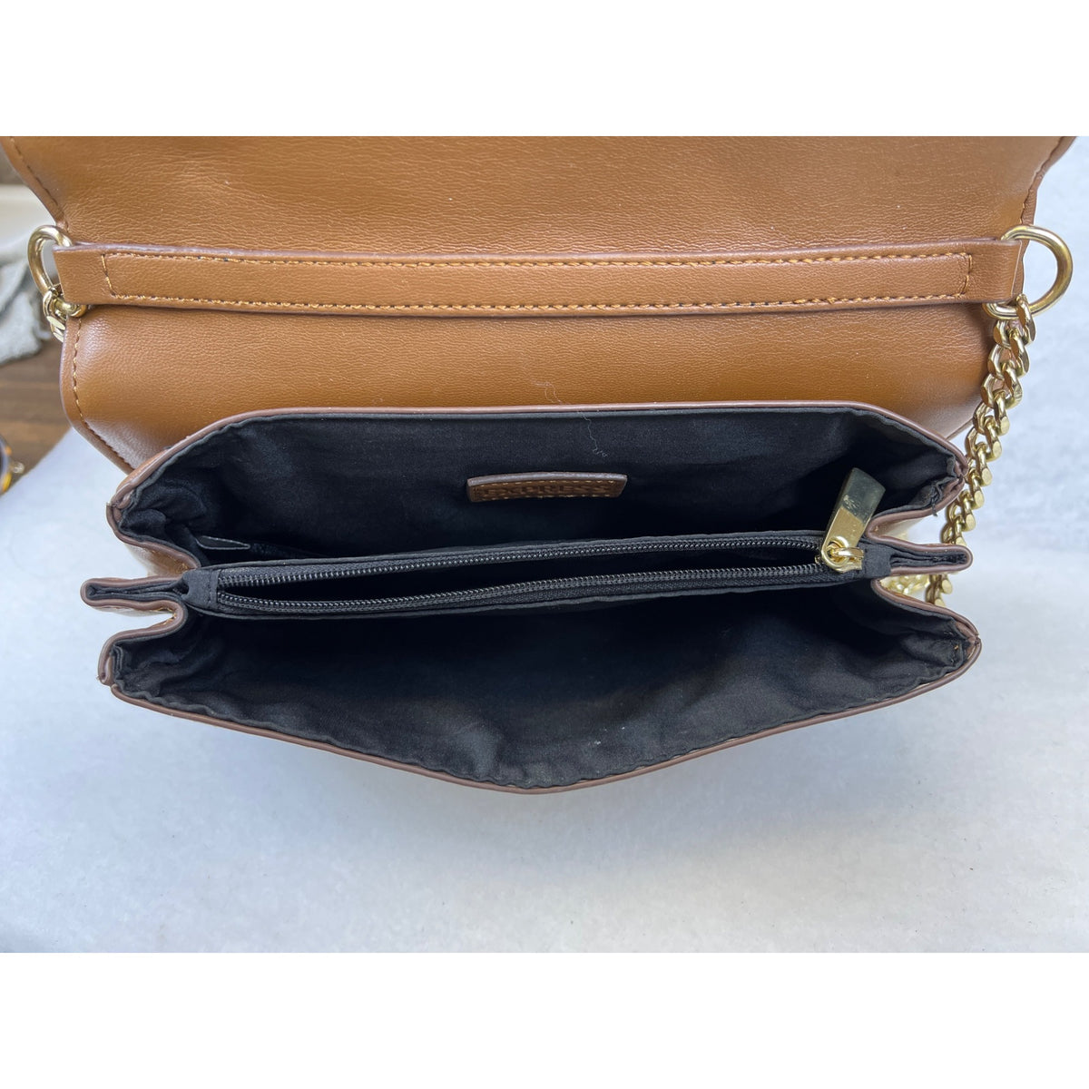 Express Womens Tan Faux Leather Quilted Crossbody Chain Strap Bag