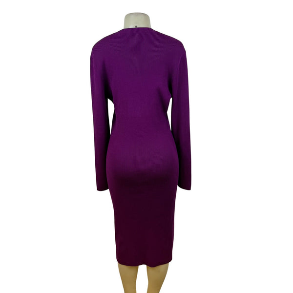Nine West Purple Ribbed Knit Long Sleeve Midi Sweater Dress Stretchy Sz XXL
