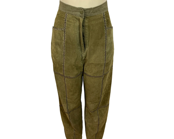S.M.H. Vintage Olive Green Leather High-Waisted Loose-Fit Trousers Size 14