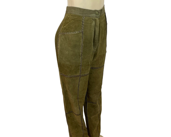 S.M.H. Vintage Olive Green Leather High-Waisted Loose-Fit Trousers Size 14