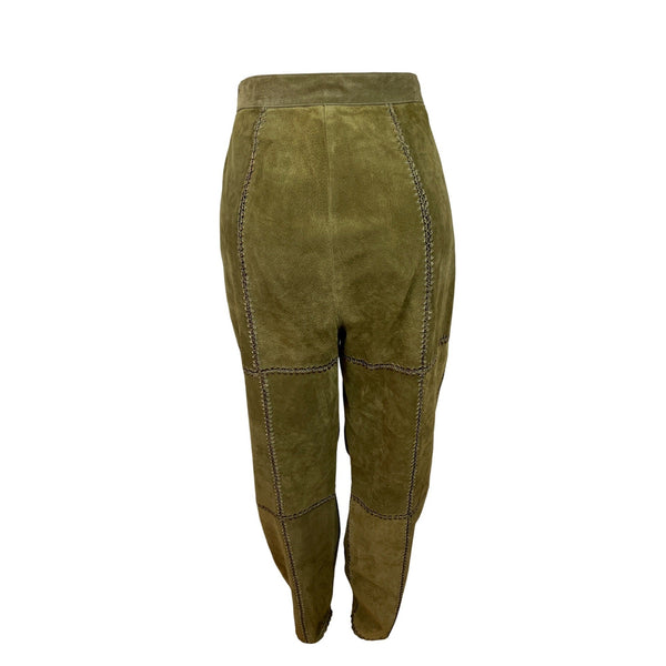 S.M.H. Vintage Olive Green Leather High-Waisted Loose-Fit Trousers Size 14