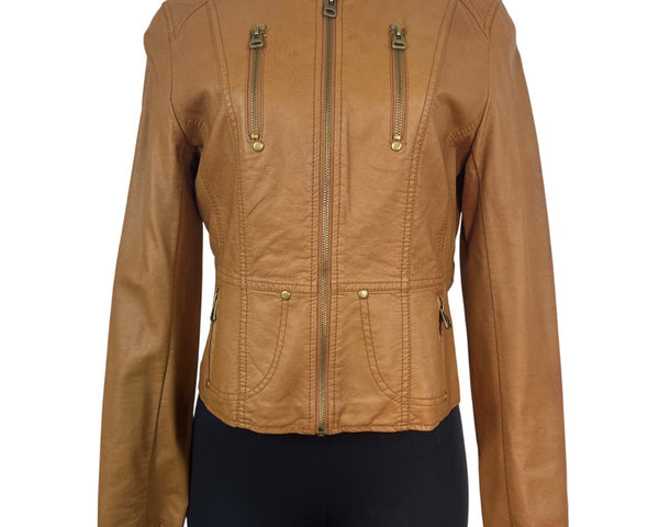 TCEC Women Tan Leather Jacket With Leopard Print Lining Szize M