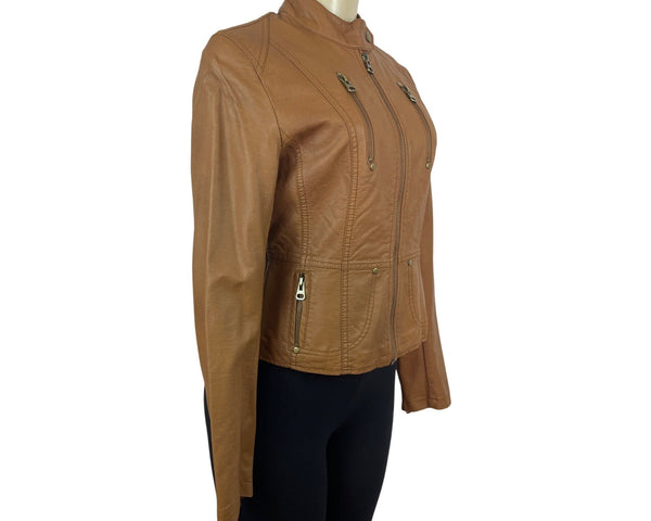 TCEC Women Tan Leather Jacket With Leopard Print Lining Szize M