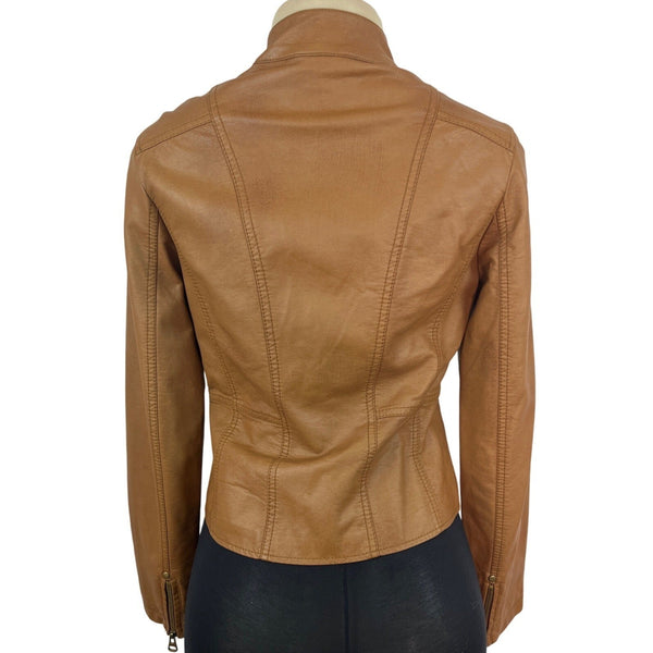 TCEC Women Tan Leather Jacket With Leopard Print Lining Szize M