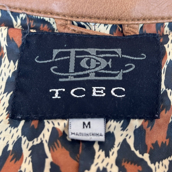 TCEC Women Tan Leather Jacket With Leopard Print Lining Szize M