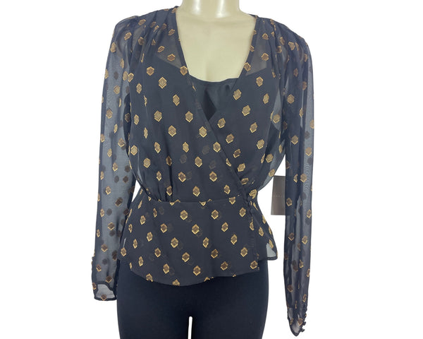 Chelsea- 28 Women Black & Gold Wrap Blouse With Geometric Print Button Sz S- New