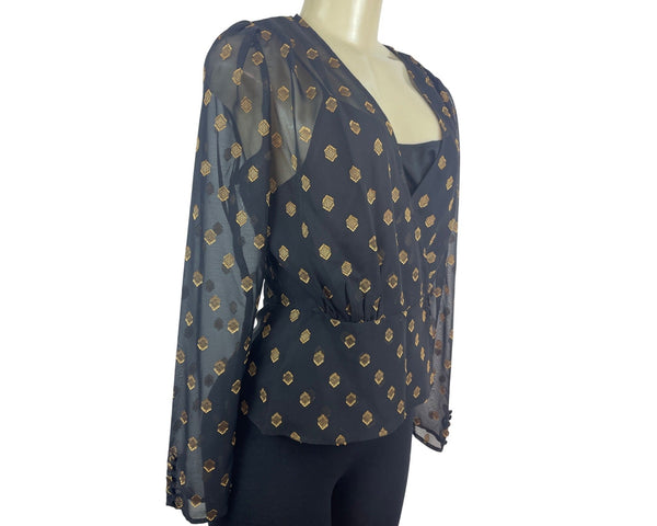 Chelsea- 28 Women Black & Gold Wrap Blouse With Geometric Print Button Sz S- New