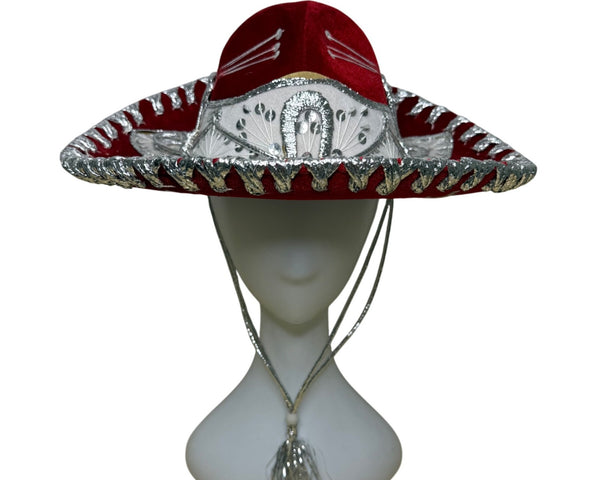 Pigalle Red & Silver Adult Mexican Sombrero Hat Velour Embroidered Traditional Festive