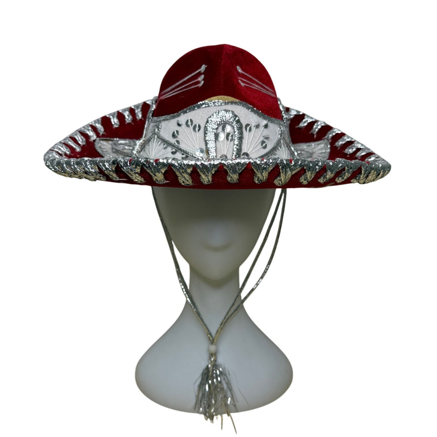 Pigalle Red & Silver Adult Mexican Sombrero Hat Velour Embroidered Traditional Festive
