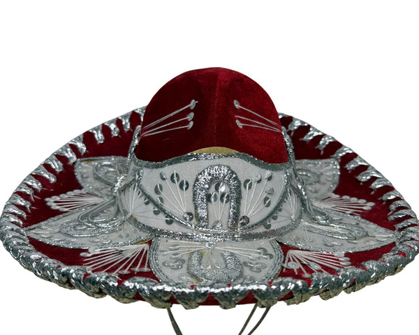 Pigalle Red & Silver Adult Mexican Sombrero Hat Velour Embroidered Traditional Festive