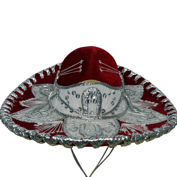 Pigalle Red & Silver Adult Mexican Sombrero Hat Velour Embroidered Traditional Festive
