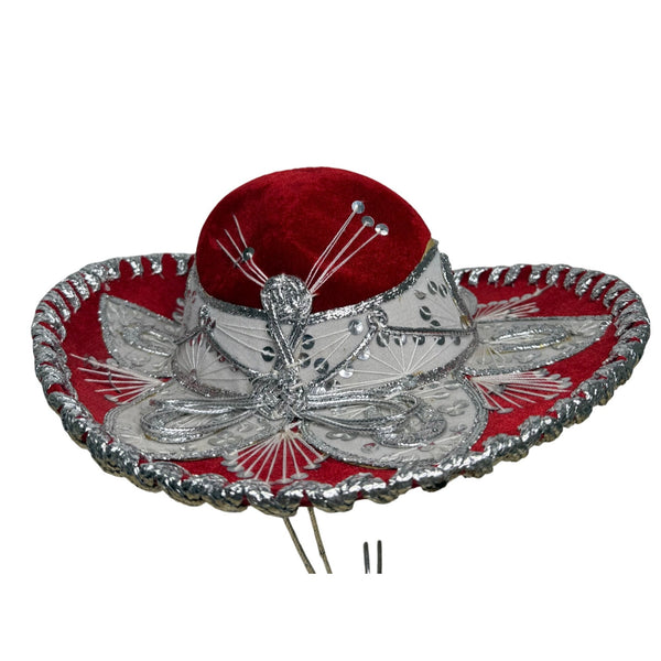 Pigalle Red & Silver Adult Mexican Sombrero Hat Velour Embroidered Traditional Festive
