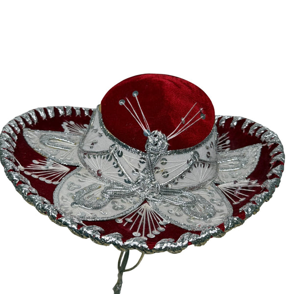 Pigalle Red & Silver Adult Mexican Sombrero Hat Velour Embroidered Traditional Festive