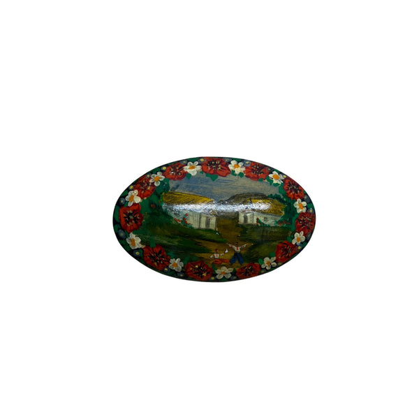 Hand-Painted Oval Wooden Brooch With Floral Border & Countryside Scene
