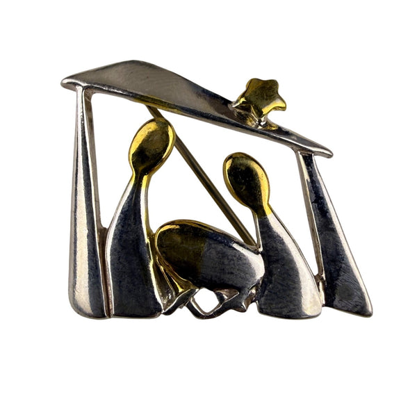 Sterling Silver & Gold 925 Nativity Brooch Pin Religious Christmas Theme Metal