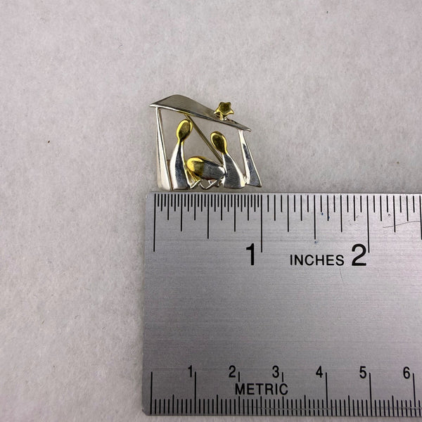 Sterling Silver & Gold 925 Nativity Brooch Pin Religious Christmas Theme Metal