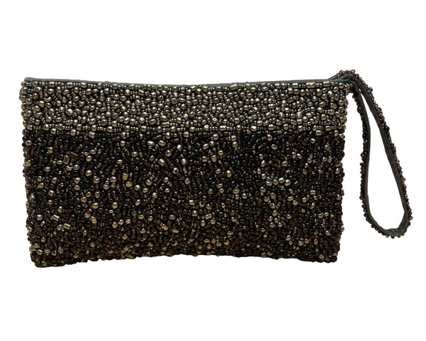 Black & Silver Beads With Zipper Closure Beaded Evening Clutch With Wristband
