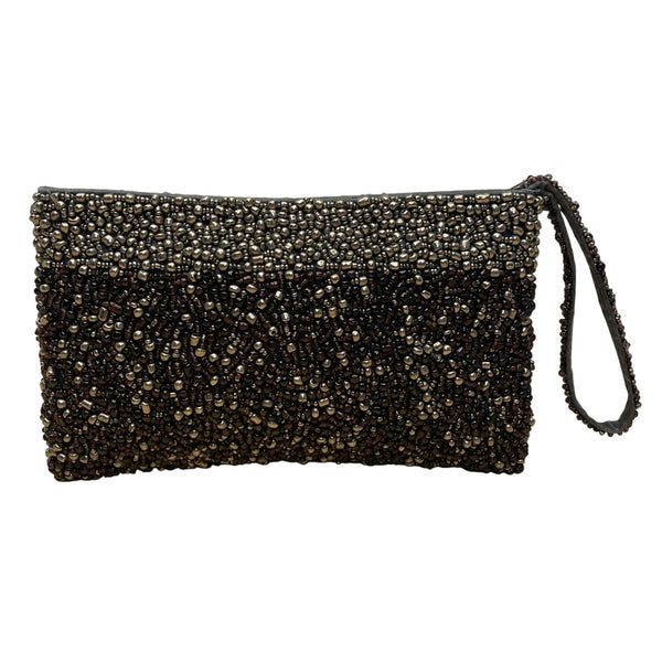 Black & Silver Beads With Zipper Closure Beaded Evening Clutch With Wristband