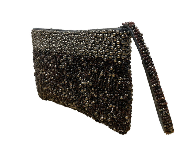 Black & Silver Beads With Zipper Closure Beaded Evening Clutch With Wristband