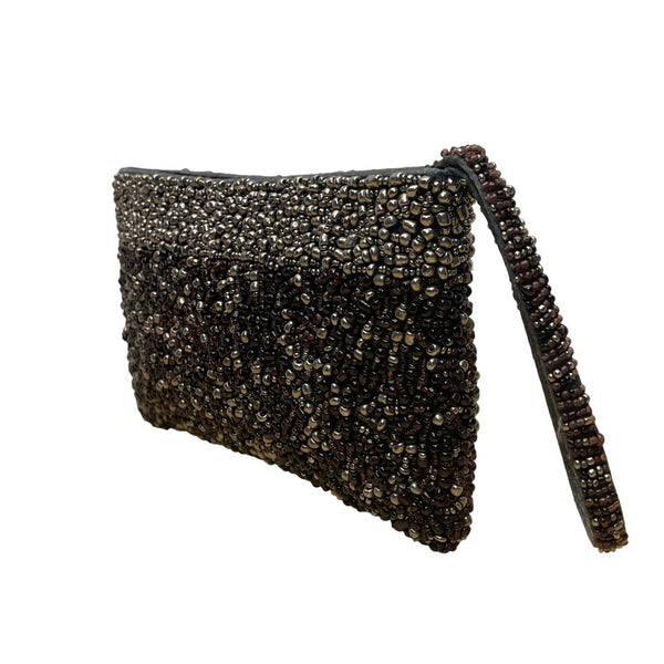 Black & Silver Beads With Zipper Closure Beaded Evening Clutch With Wristband