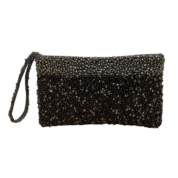 Black & Silver Beads With Zipper Closure Beaded Evening Clutch With Wristband
