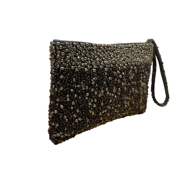 Black & Silver Beads With Zipper Closure Beaded Evening Clutch With Wristband