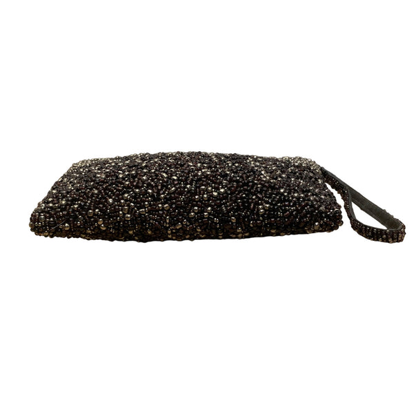 Black & Silver Beads With Zipper Closure Beaded Evening Clutch With Wristband