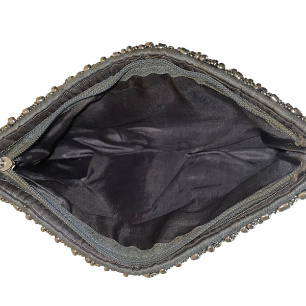 Black & Silver Beads With Zipper Closure Beaded Evening Clutch With Wristband