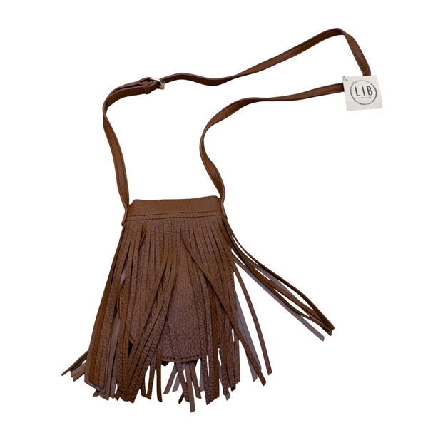 L.I.B Womens Brown Faux Leather Fringe Crossbody Bag Adjustable Strap Small Size