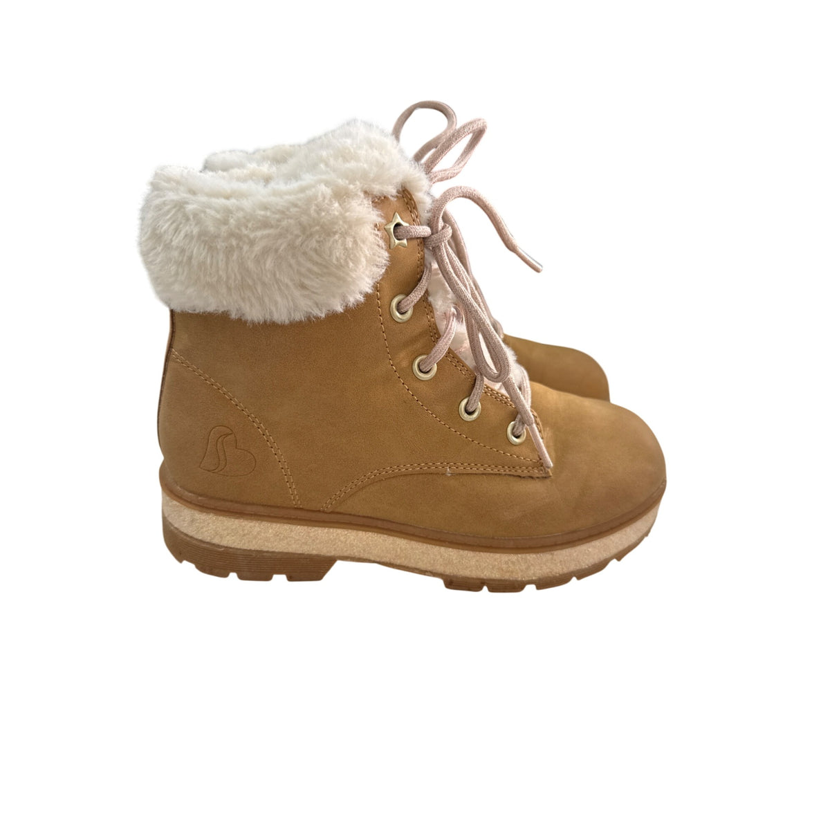 Skechers Girls Tan Faux Fur Lined Winter Boots With Lace & Zip Closure Size 2