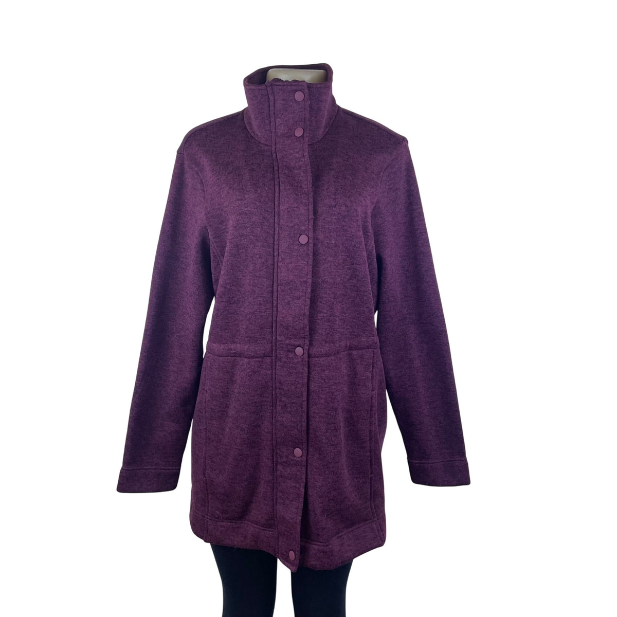 Lands’ End Women’s Plum Full-Zip Fleece Long Jacket W/High Collar Pockets Size M