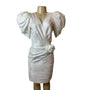 Vintage 80s Cashe White Satin Sz 8 Dress Puff Sleeves & Ruched Skirt Design Women