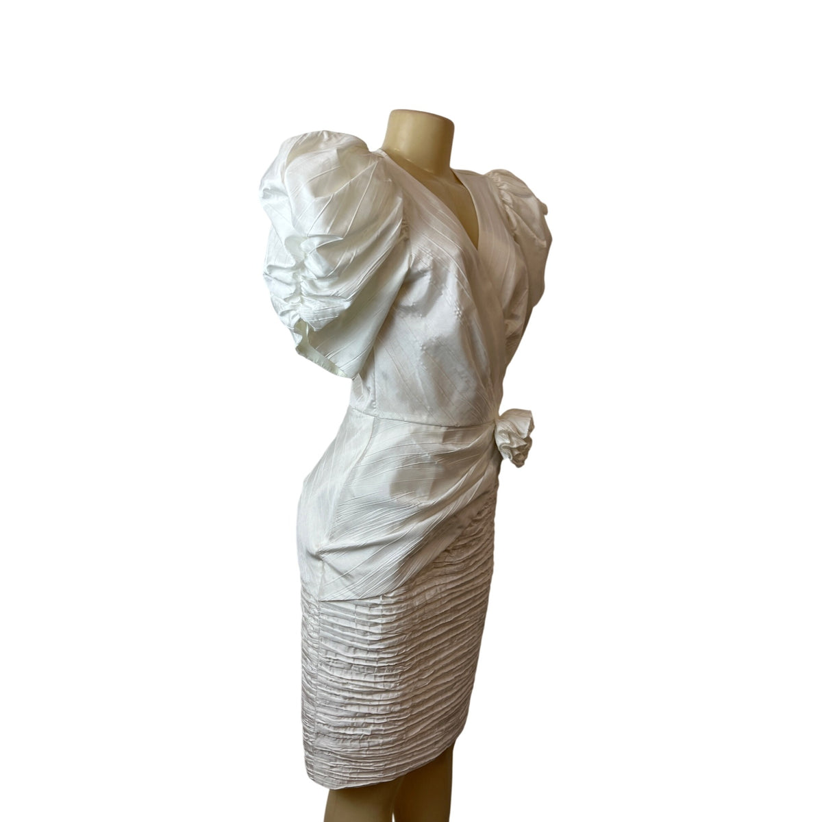Vintage 80s Cashe White Satin Sz 8 Dress Puff Sleeves & Ruched Skirt Design Women