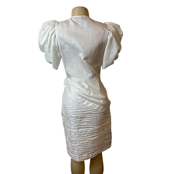 Vintage 80s Cashe White Satin Sz 8 Dress Puff Sleeves & Ruched Skirt Design Women