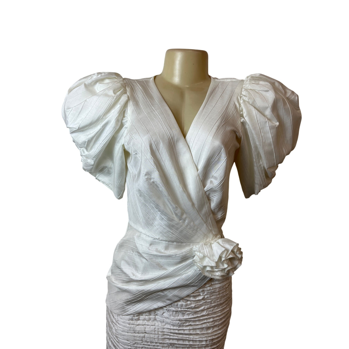 Vintage 80s Cashe White Satin Sz 8 Dress Puff Sleeves & Ruched Skirt Design Women
