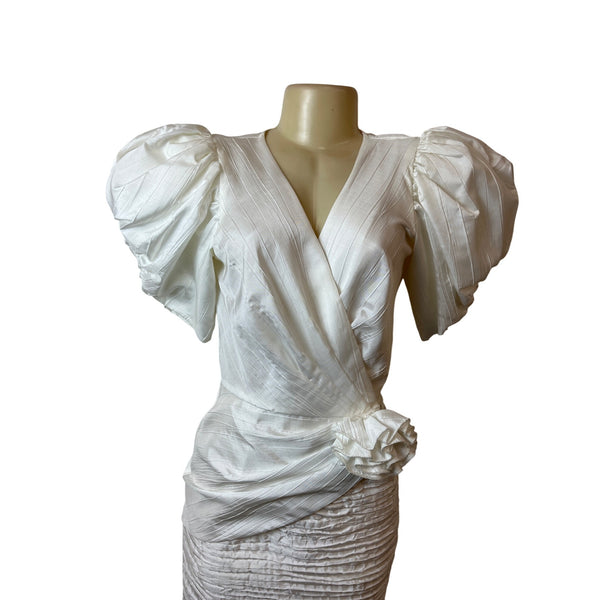 Vintage 80s Cashe White Satin Sz 8 Dress Puff Sleeves & Ruched Skirt Design Women