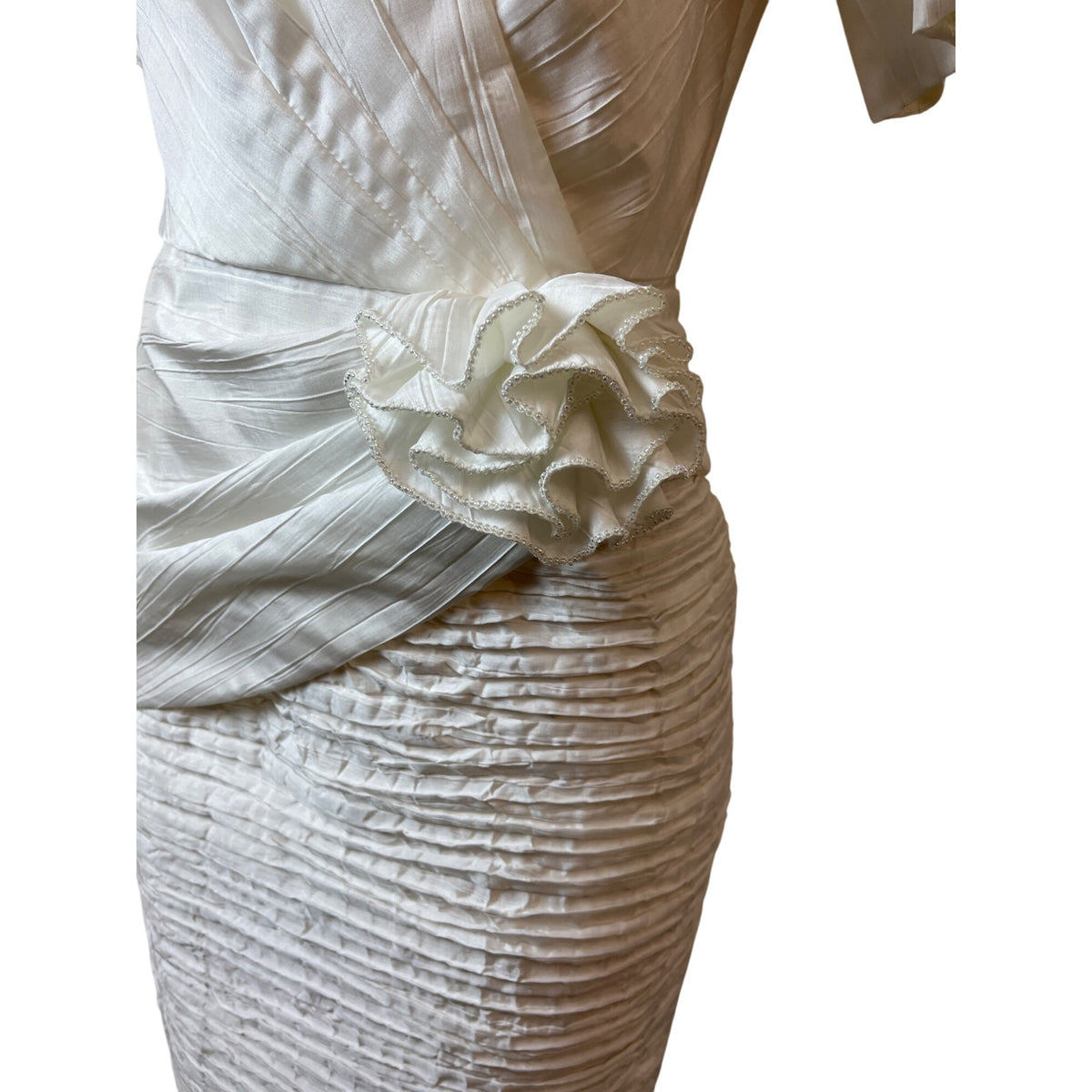 Vintage 80s Cashe White Satin Sz 8 Dress Puff Sleeves & Ruched Skirt Design Women