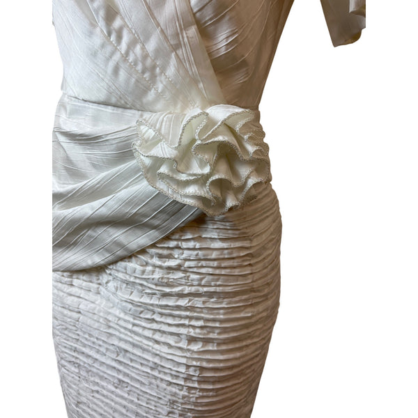Vintage 80s Cashe White Satin Sz 8 Dress Puff Sleeves & Ruched Skirt Design Women