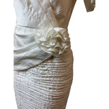 Vintage 80s Cashe White Satin Sz 8 Dress Puff Sleeves & Ruched Skirt Design Women