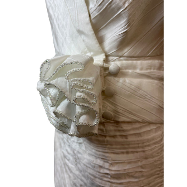 Vintage 80s Cashe White Satin Sz 8 Dress Puff Sleeves & Ruched Skirt Design Women