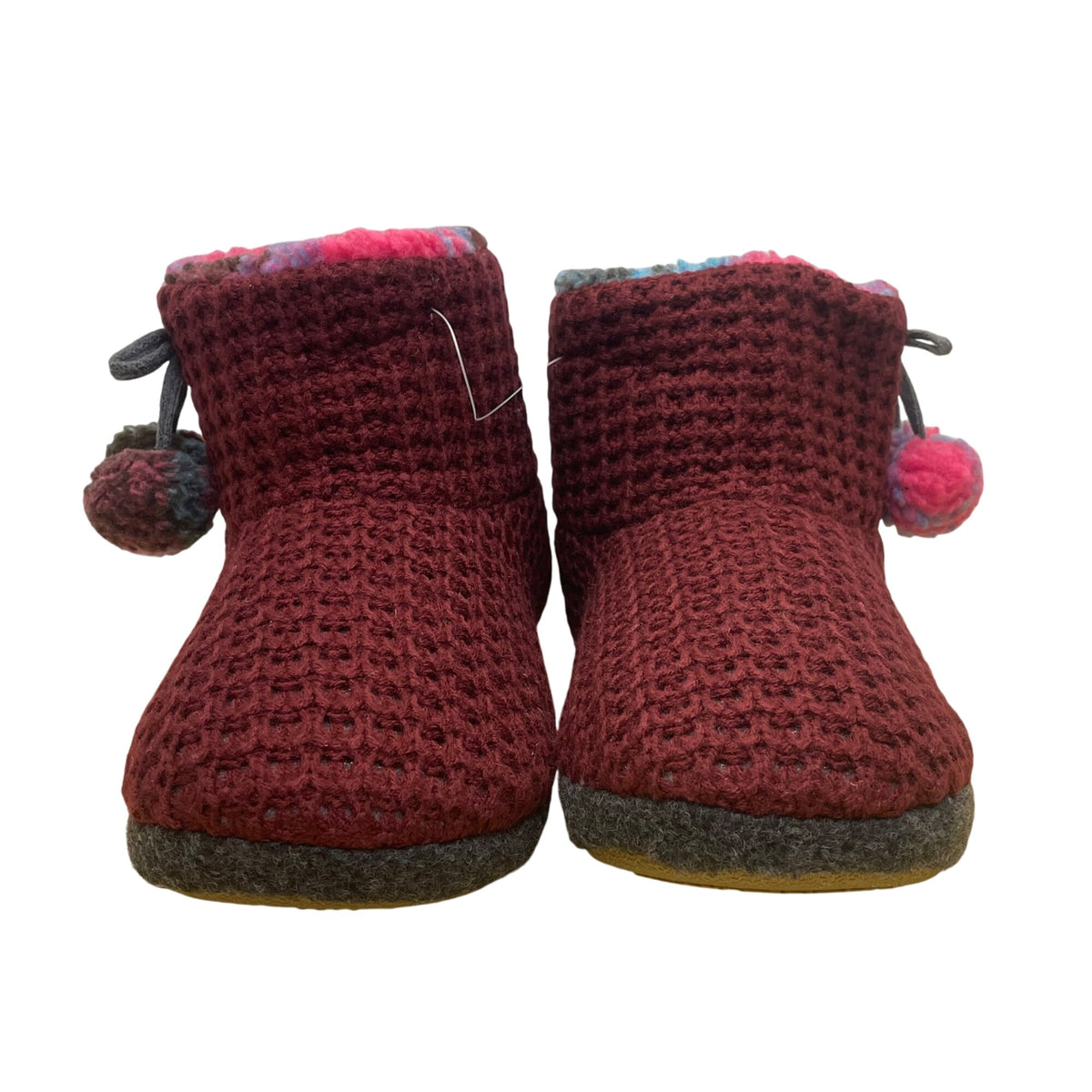 Cuddl Duds Women’s Red Deep Wine Waffle Knit Pom-Pom Slipper Booties Size M 7-8