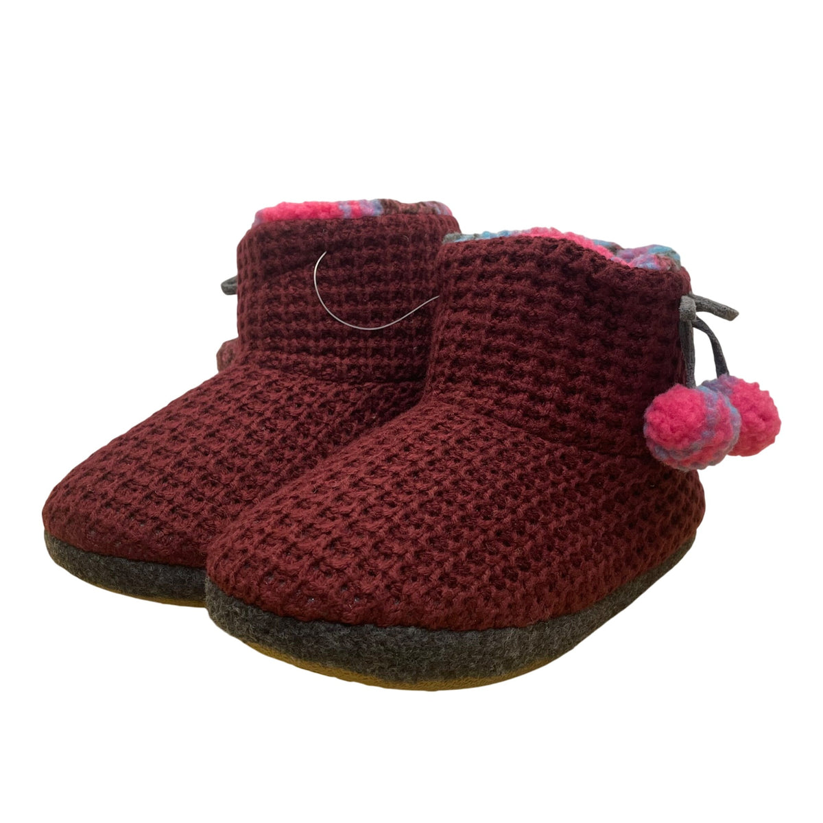 Cuddl Duds Women’s Red Deep Wine Waffle Knit Pom-Pom Slipper Booties Size M 7-8