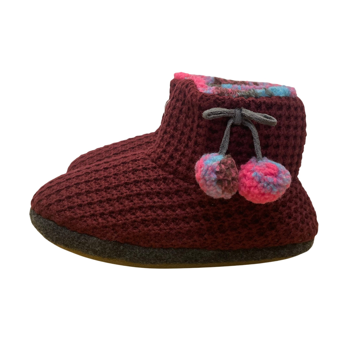 Cuddl Duds Women’s Red Deep Wine Waffle Knit Pom-Pom Slipper Booties Size M 7-8