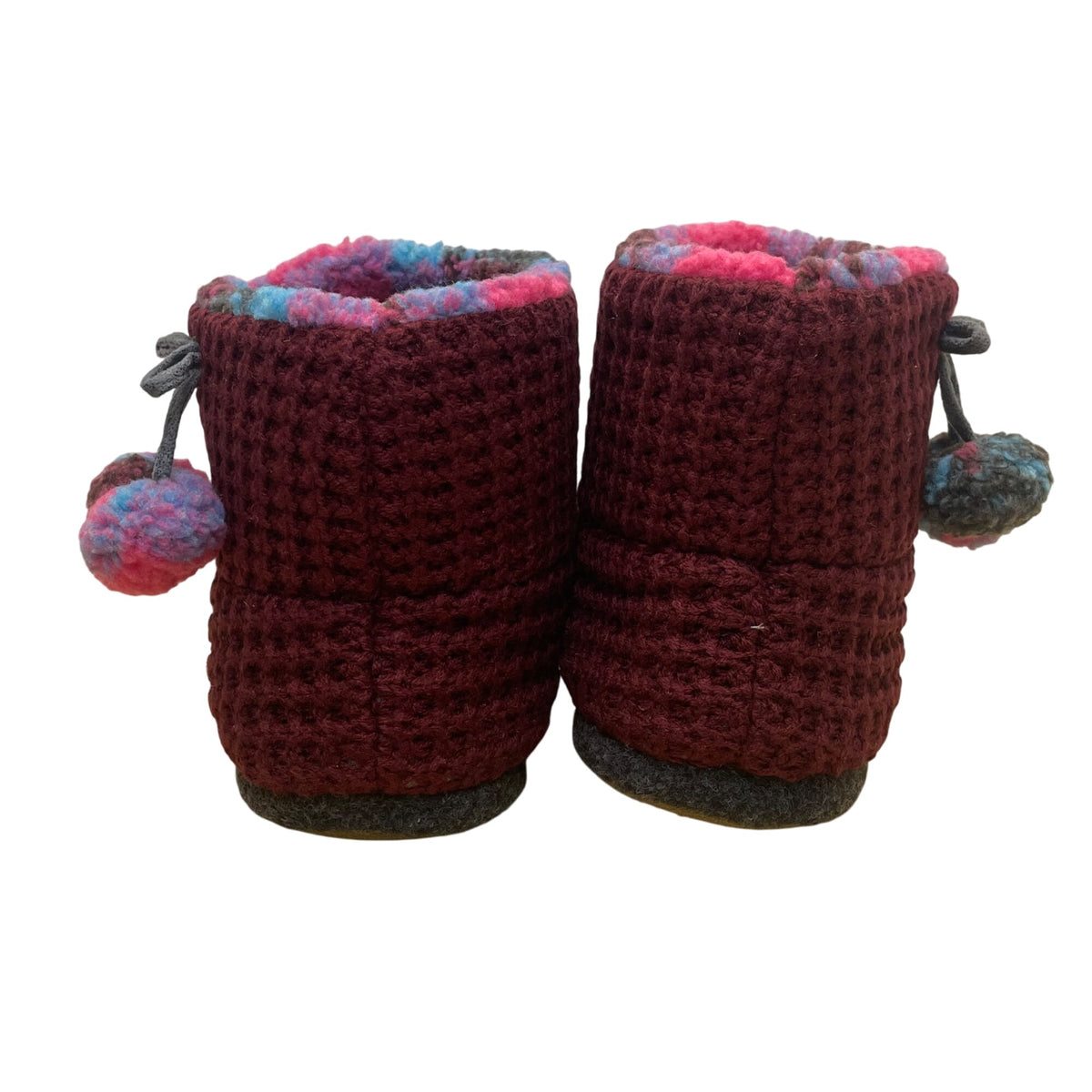 Cuddl Duds Women’s Red Deep Wine Waffle Knit Pom-Pom Slipper Booties Size M 7-8