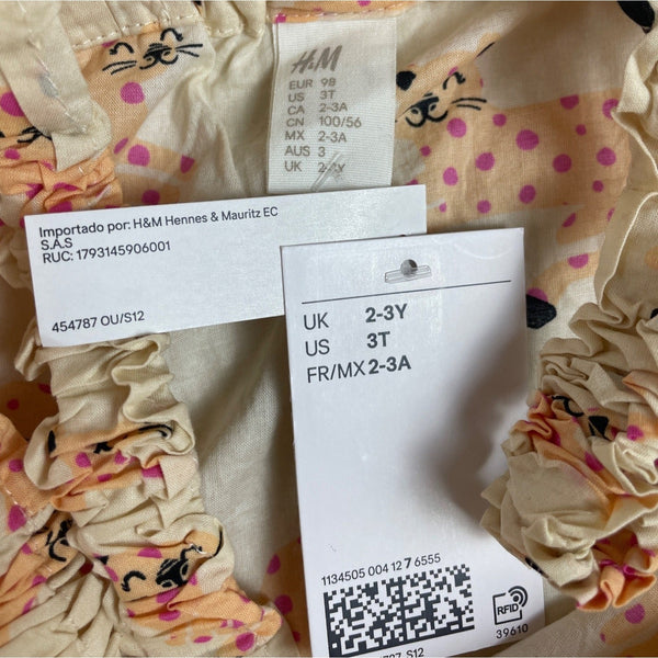 H&M Toddler Girls Sleeveless Cat Print Dress Beige & Pink Size 3T - New